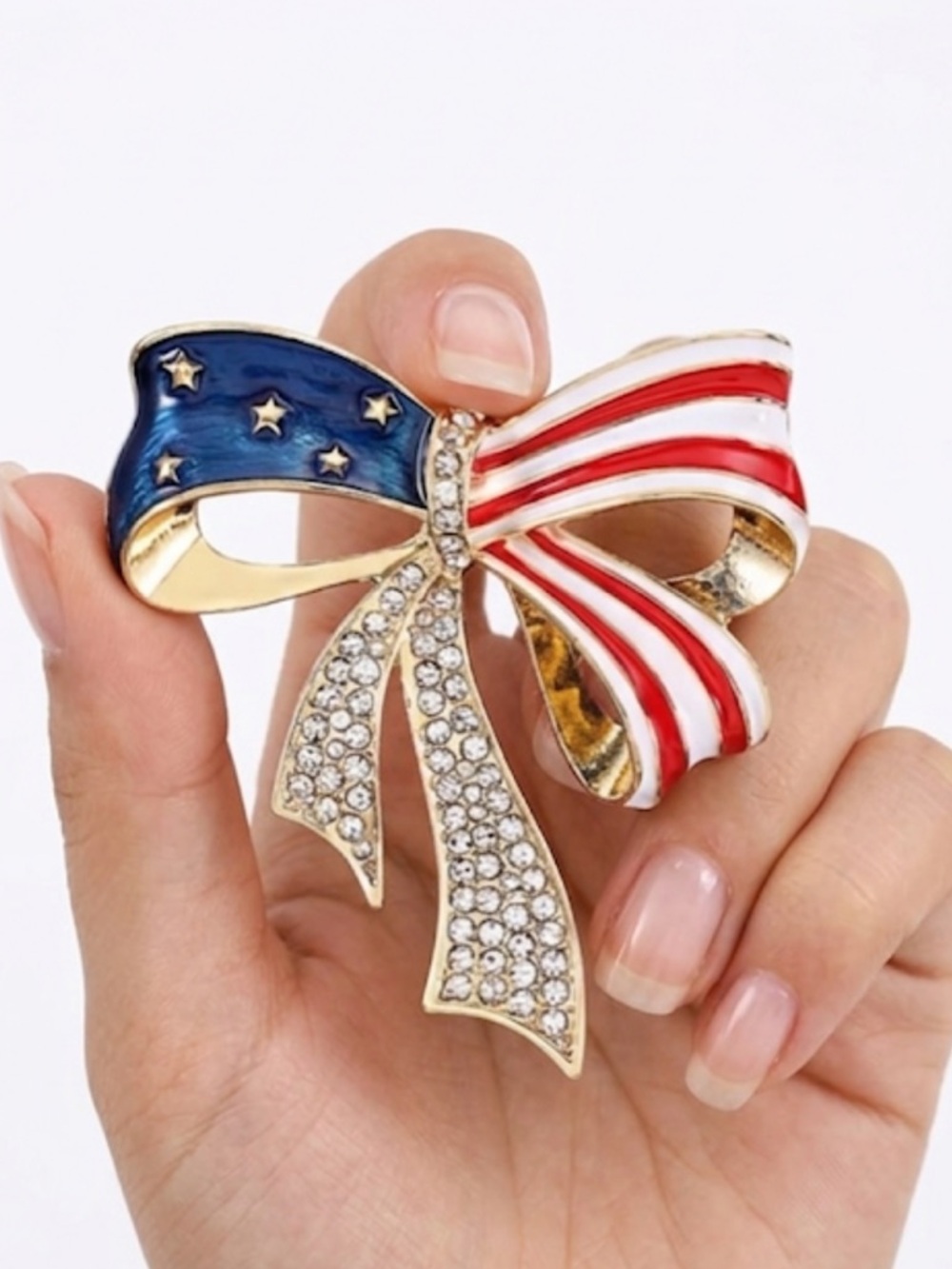 American Flag Bow Brooch - Patriotic Red White & Blue Enamel Pin NWT
C3